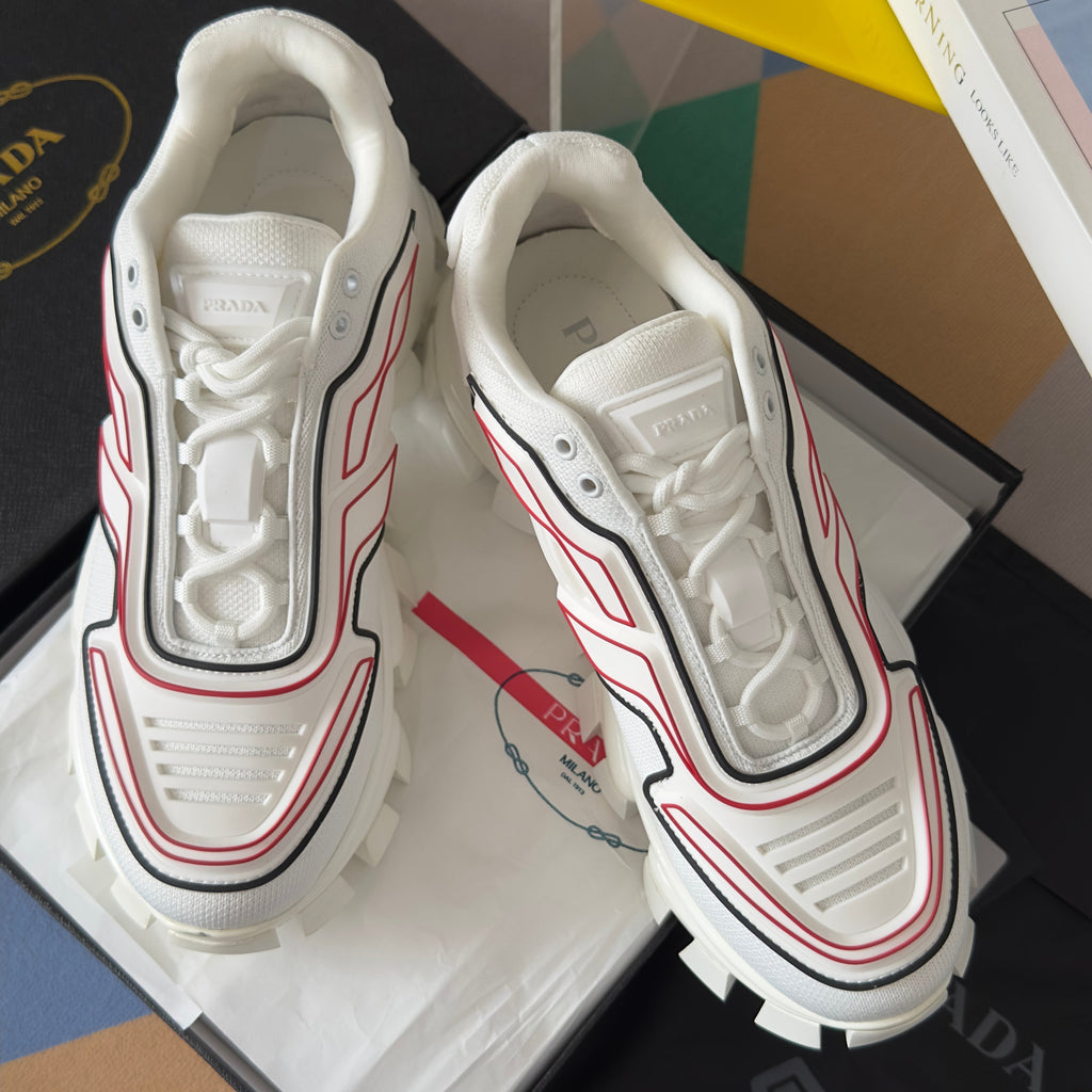 PRADA 26S CLOUDBUST THUNDER SNEAKERS 60MM IN WHITE AND RED MESH FABRIC AND TPU