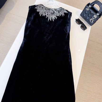 DIOR 25S EMBELLISHED-NECK BLACK VELVET DRESS 722