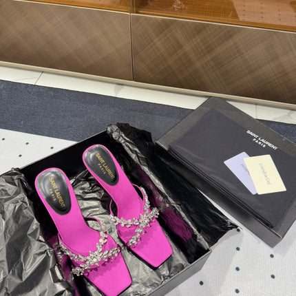 HIGH RHINESTONE CROSS STRAP MULES IN MAGENTA PINK SILK