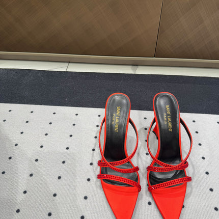 HIGH CRYSTAL STRAP SANDALS IN RED SILK