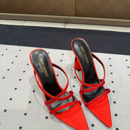 HIGH CRYSTAL STRAP SANDALS IN RED SILK