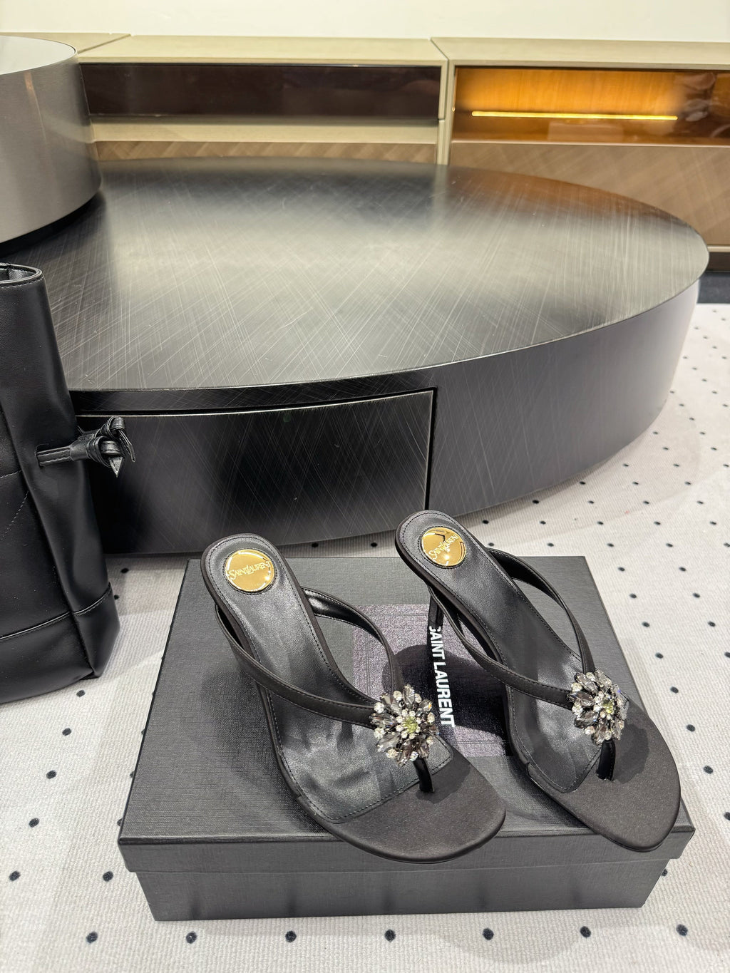 YSL 26S TOE-POST HIGH HEEL SANDALS 75 MM IN BLACK FABRIC