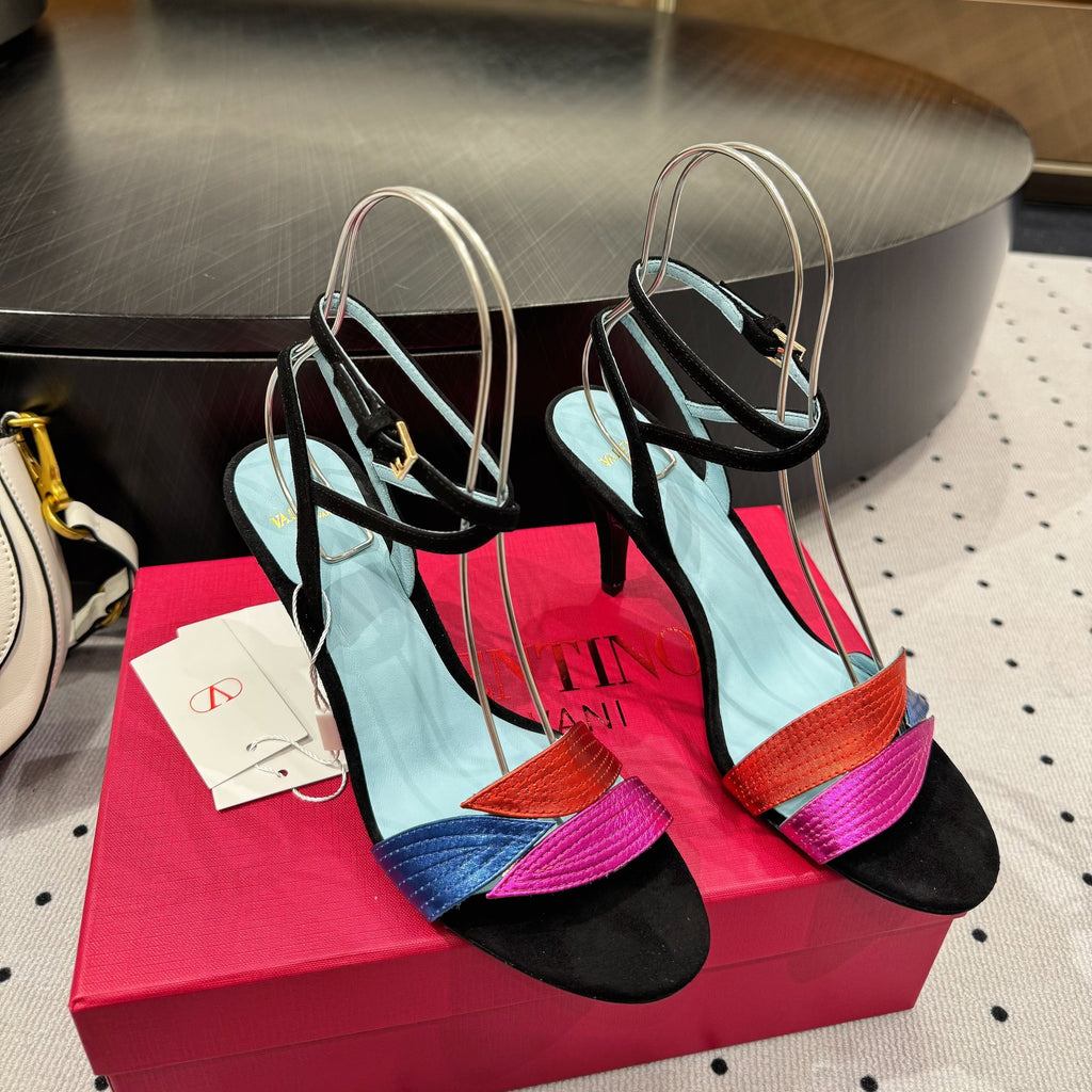 VLTN HIGH SANDAL 25S 60 MM IN BLACK SUEDE AND MULTICOLOR CALFSKIN