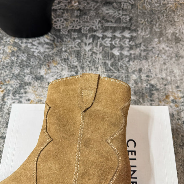 CELINE 26S ANKLE BOOTS 55 MM IN CAMEL BROWN SUEDE