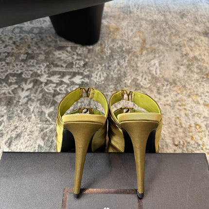 YSL 26S HEELED SANDALS 100 MM IN OLIVE GREEN FABRIC