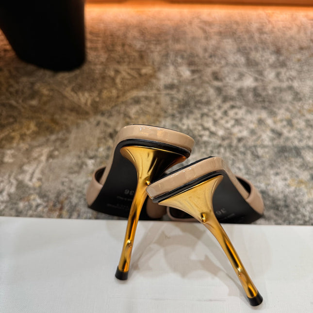 YSL 26S POINTED TOE HIGH HEEL SANDALS 100 MM IN BEIGE GLOSSY CALFSKIN