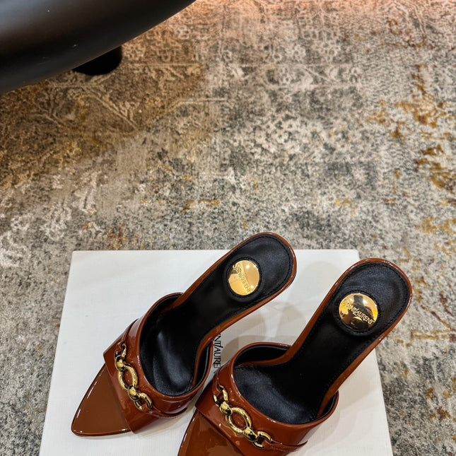 YSL 26S POINTED TOE HIGH HEEL SANDALS 100 MM IN BROWN GLOSSY CALFSKIN
