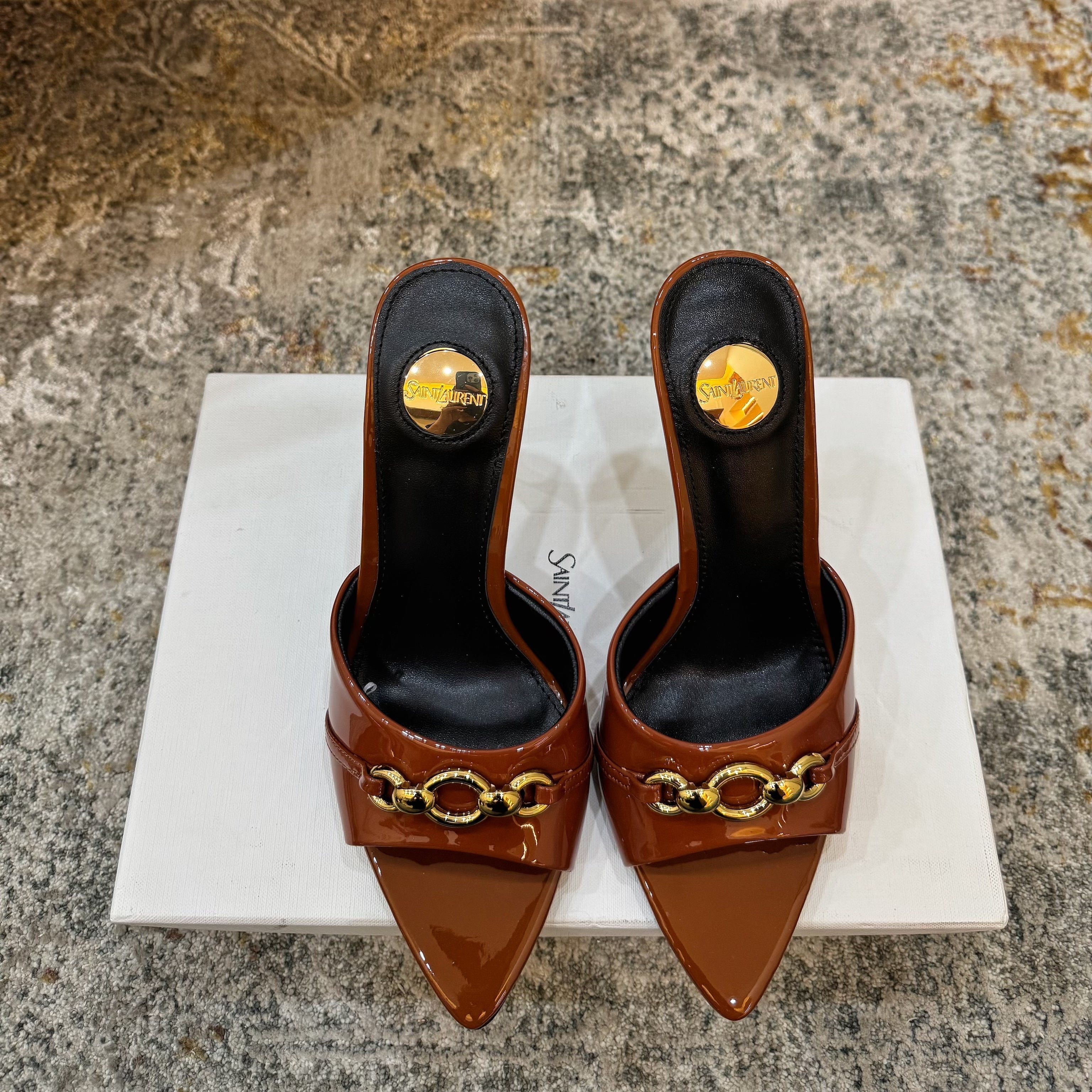 YSL 26S POINTED TOE HIGH HEEL SANDALS 100 MM IN BROWN GLOSSY CALFSKIN