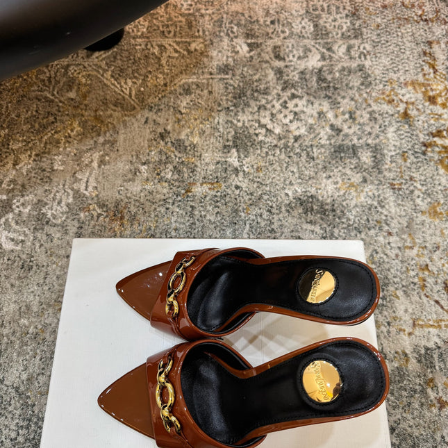 YSL 26S POINTED TOE HIGH HEEL SANDALS 100 MM IN BROWN GLOSSY CALFSKIN