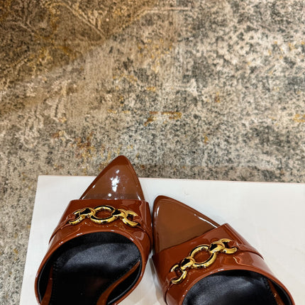YSL 26S POINTED TOE HIGH HEEL SANDALS 100 MM IN BROWN GLOSSY CALFSKIN