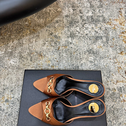 YSL 26S POINTED TOE HIGH HEEL SANDALS 65 MM IN BROWN FABRIC