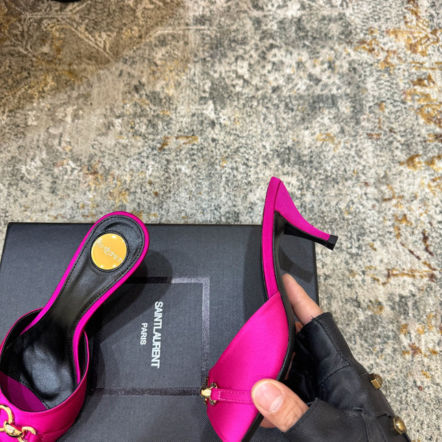 YSL 26S POINTED TOE HIGH HEEL SANDALS 65 MM IN DARK PINK FABRIC
