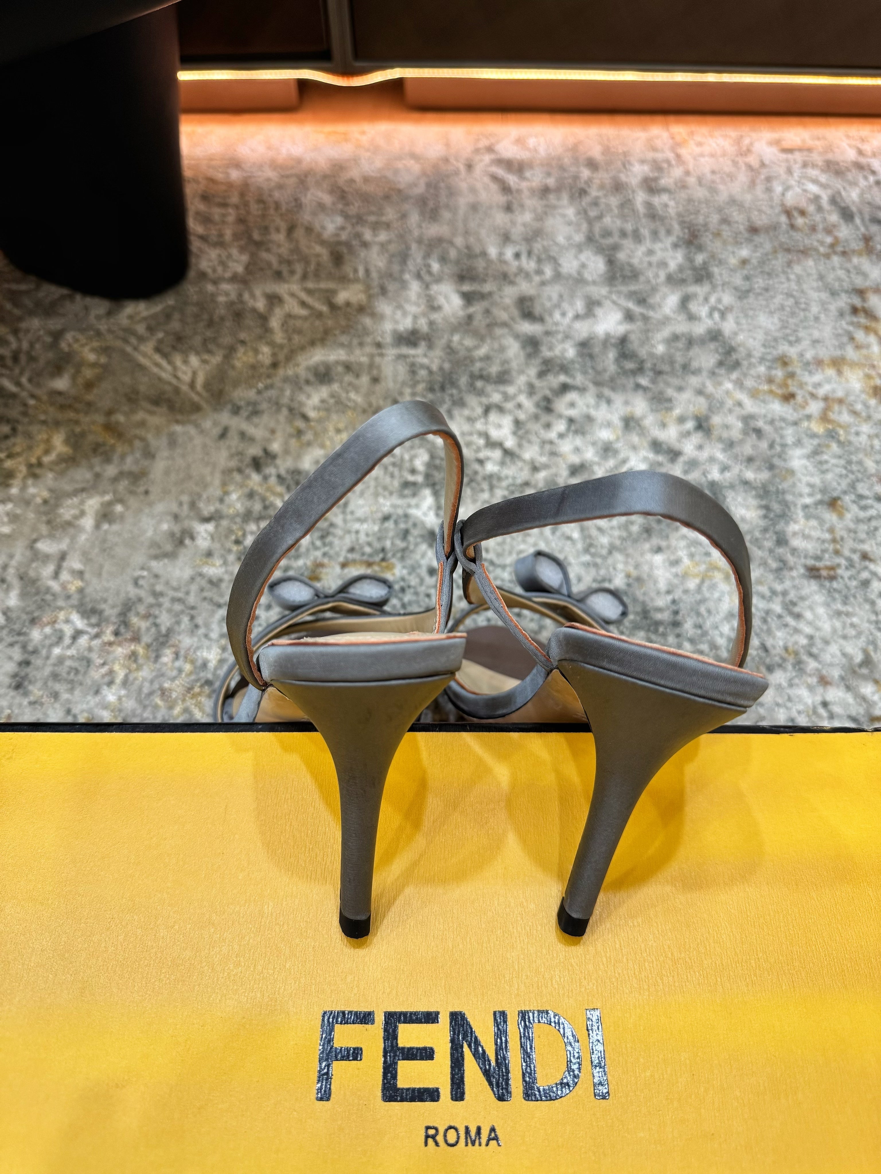 FENDI 26S HIGH-HEELED SANDALS 75 MM IN GREY SATIN