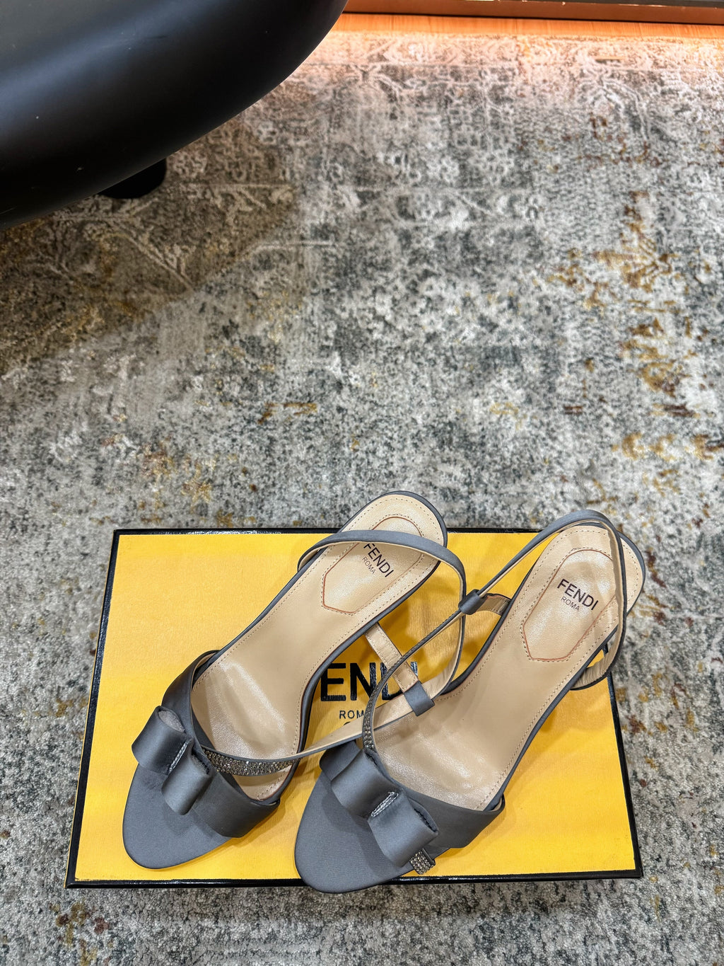 FENDI 26S HIGH-HEELED SANDALS 75 MM IN GREY SATIN