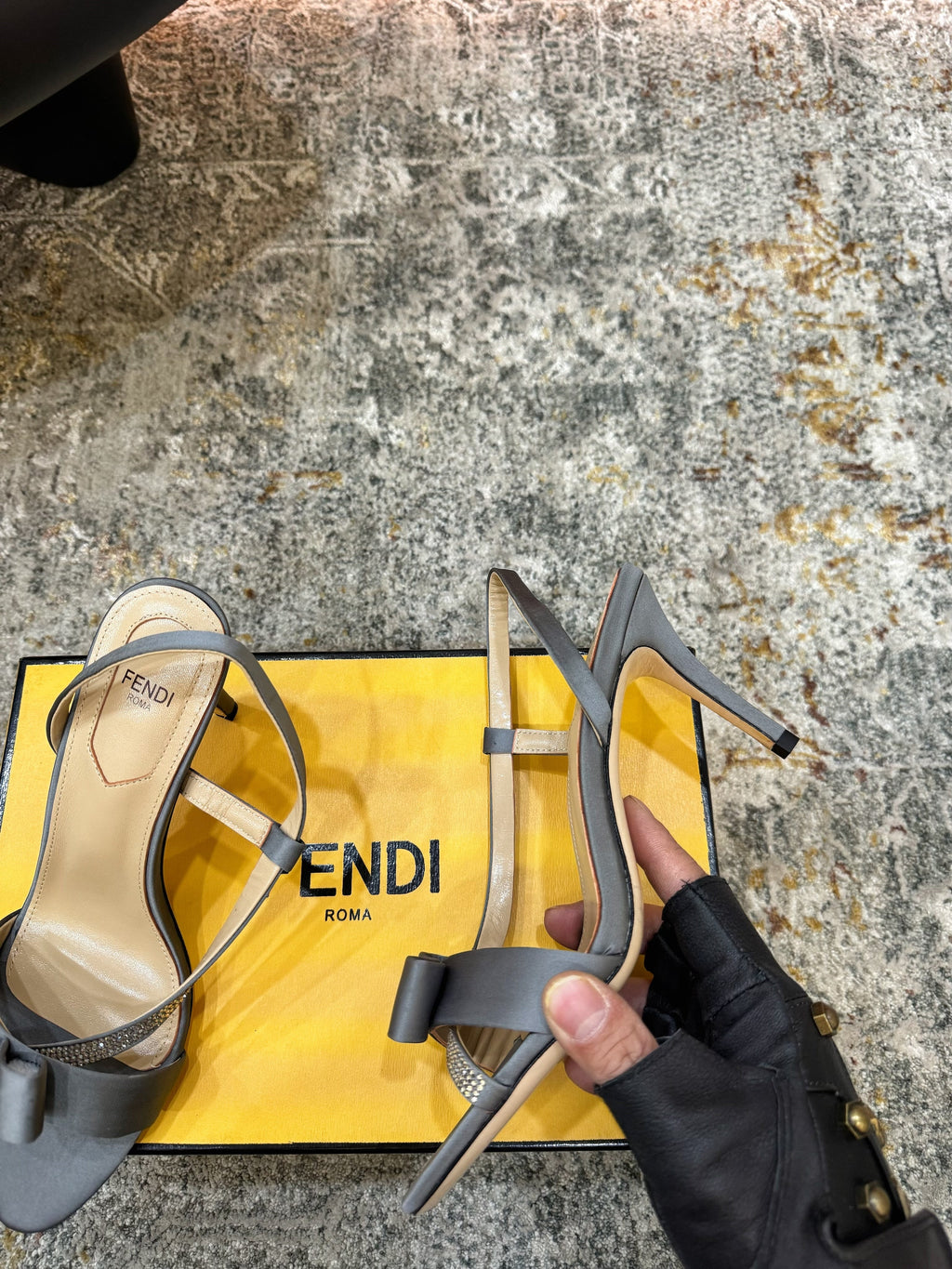 FENDI 26S HIGH-HEELED SANDALS 75 MM IN GREY SATIN