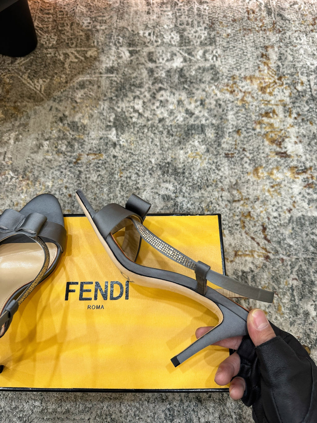 FENDI 26S HIGH-HEELED SANDALS 75 MM IN GREY SATIN