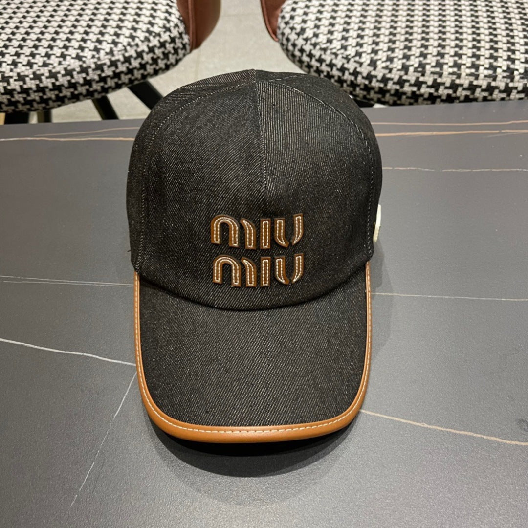 MIUMIU BASEBALL CAP IN BLACK DENIM AND CALFSKIN