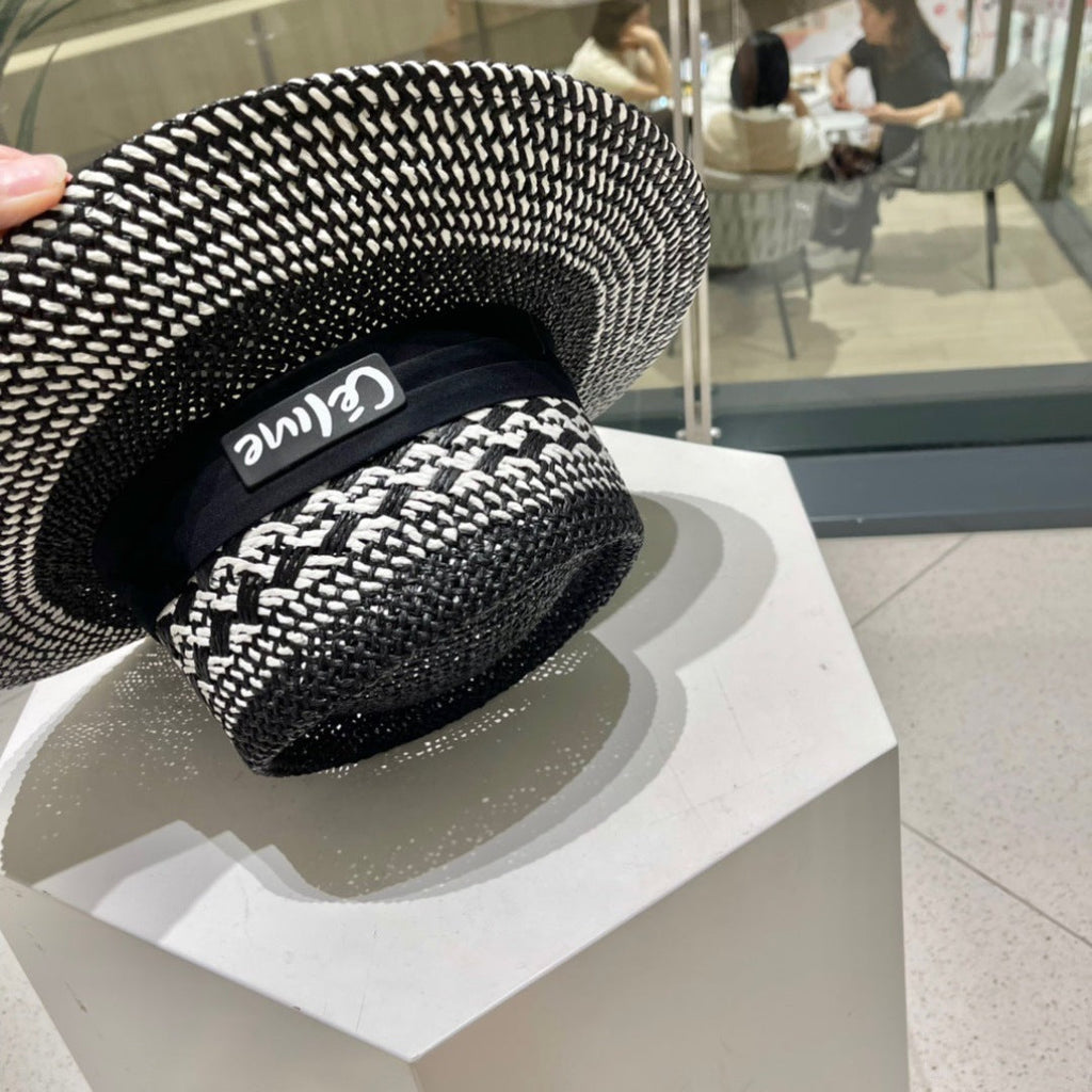 WIDE BRIM HAT MODEL 652048 IN BLACK AND WHITE WOVEN STRAW