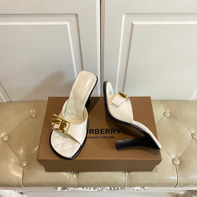 BURBERRY 26S HEELED SANDALS 100 MM IN CREAM WHITE CALFSKIN