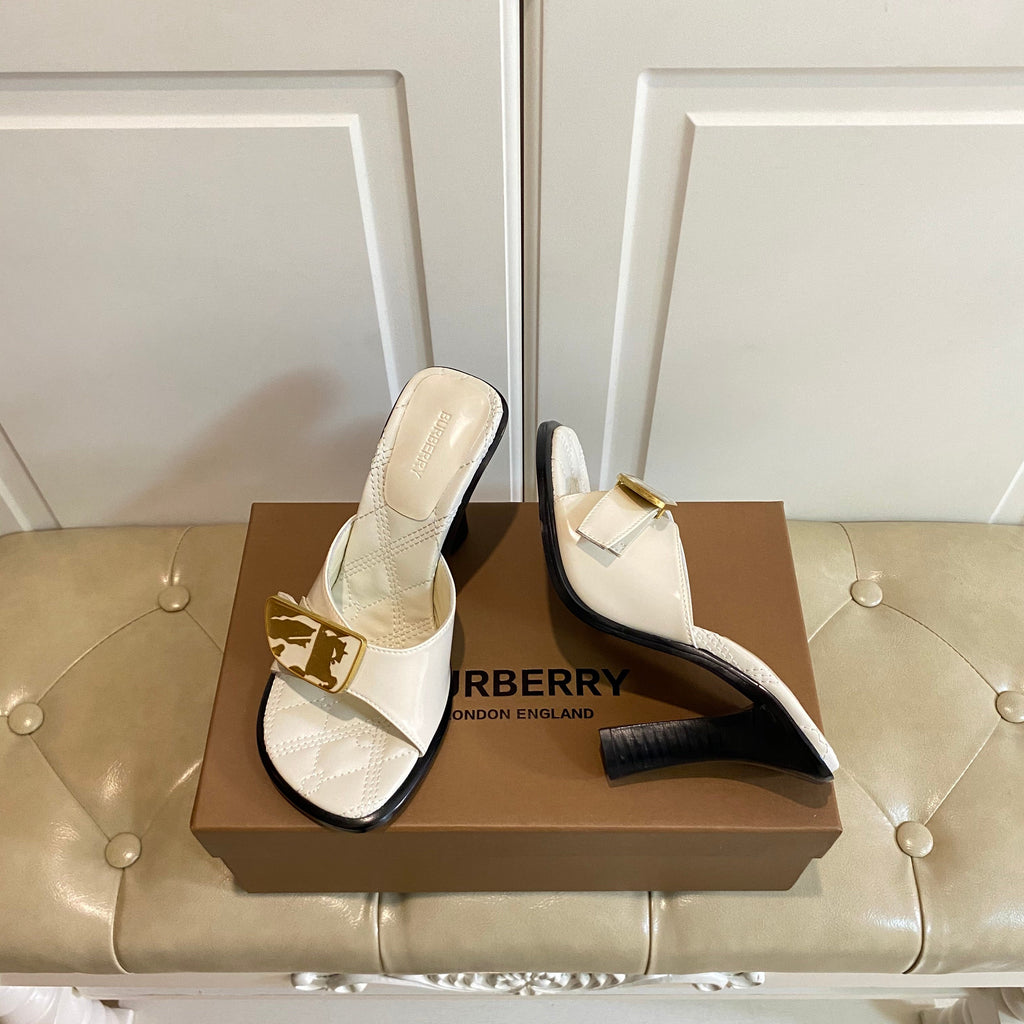 BURBERRY 26S HEELED SANDALS 100 MM IN CREAM WHITE CALFSKIN