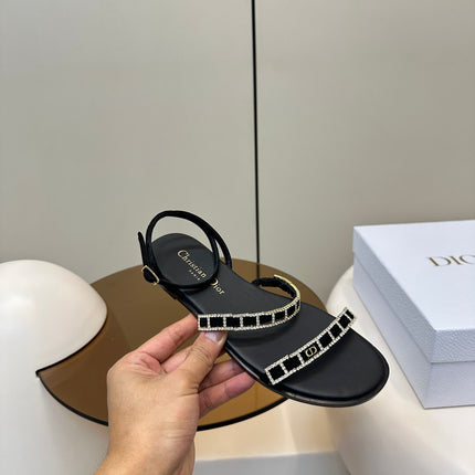 FLAT SANDALS 25S IN BLACK CALFSKIN RHINESTONES STRAP