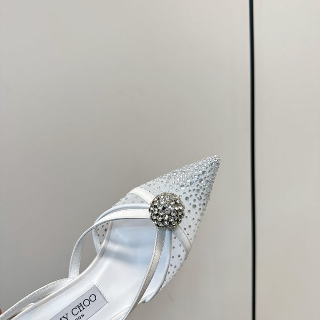 JIMMY CHOO 26S POINTED-TOE HIGH HEELS IN WHITE CRYSTAL EMBELLISHMENT