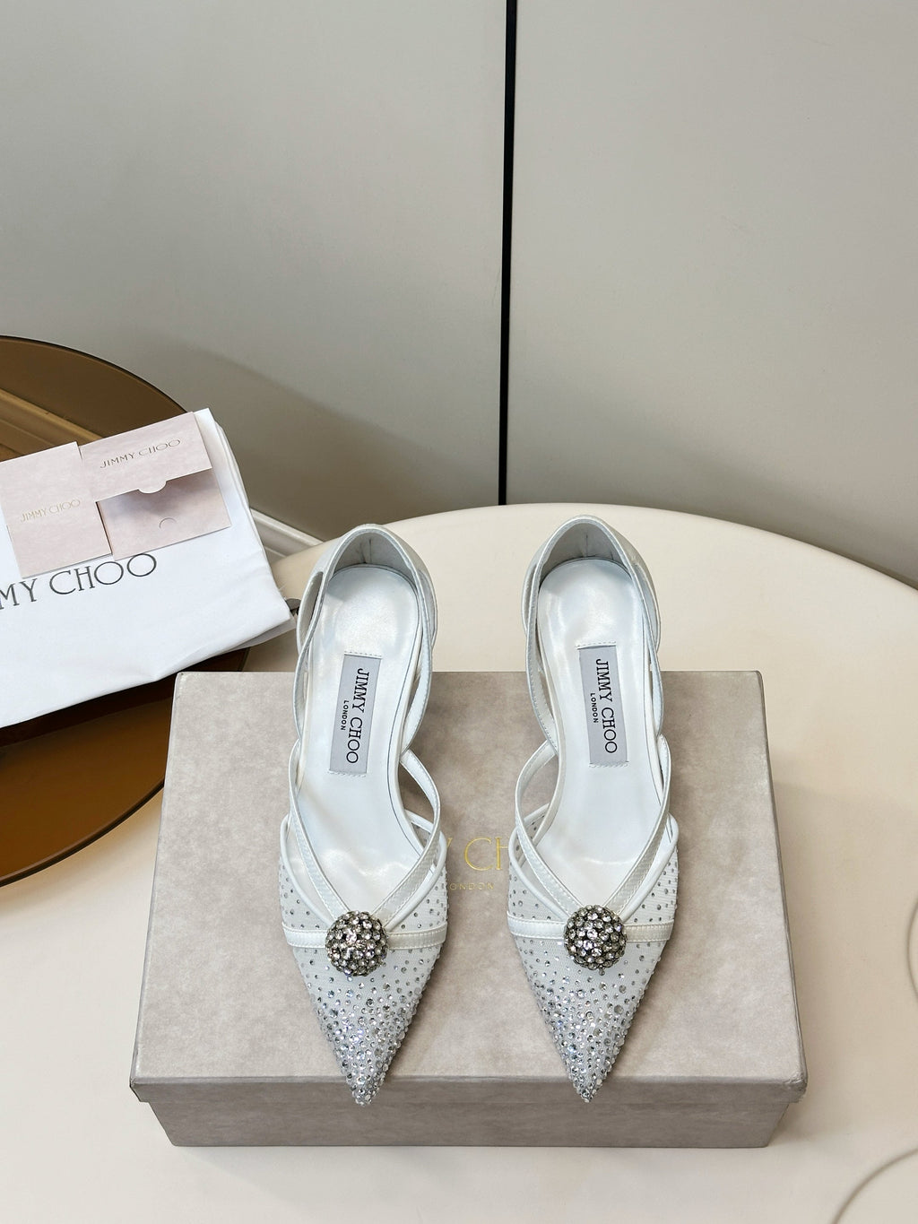 JIMMY CHOO 26S POINTED-TOE HIGH HEELS IN WHITE CRYSTAL EMBELLISHMENT