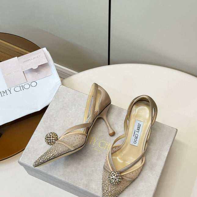 JIMMY CHOO 26S POINTED-TOE HIGH HEELS IN BEIGE CRYSTAL EMBELLISHMENT