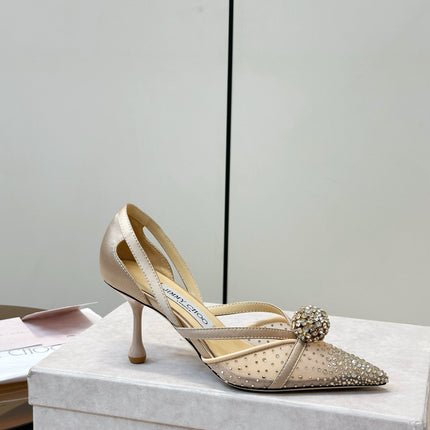 JIMMY CHOO 26S POINTED-TOE HIGH HEELS IN BEIGE CRYSTAL EMBELLISHMENT