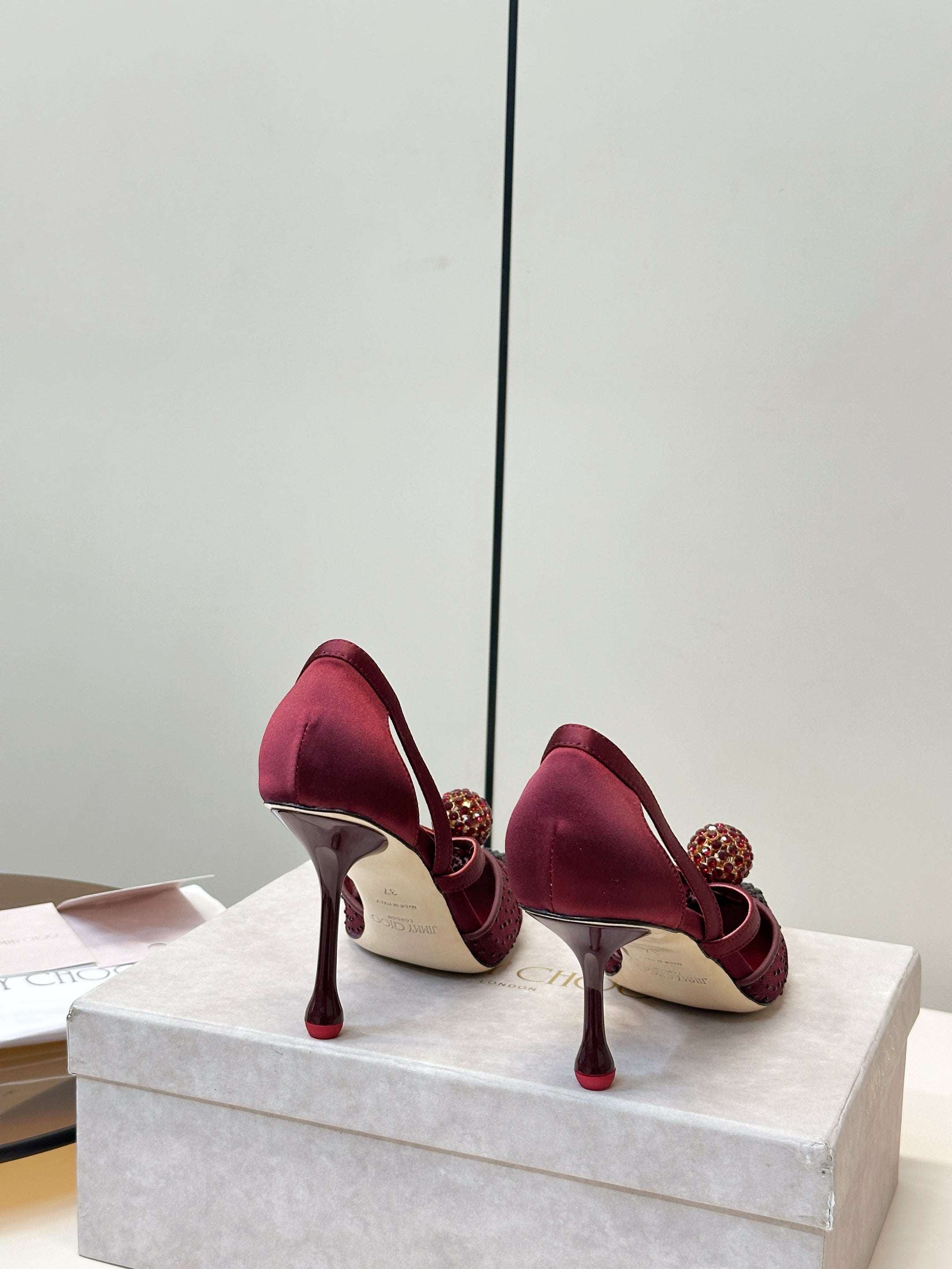 JIMMY CHOO 26S POINTED-TOE HIGH HEELS IN DARK RED CRYSTAL EMBELLISHMENT