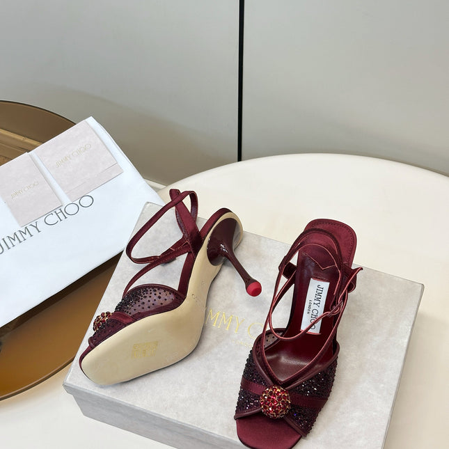 JIMMY CHOO 26S  HEELED SANDALS 100 MM IN DARK RED CRYSTAL EMBELLISHMENT