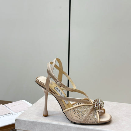 JIMMY CHOO 26S HEELED SANDALS 100 MM IN BEIGE CRYSTAL EMBELLISHMENT