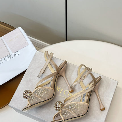 JIMMY CHOO 26S HEELED SANDALS 100 MM IN BEIGE CRYSTAL EMBELLISHMENT