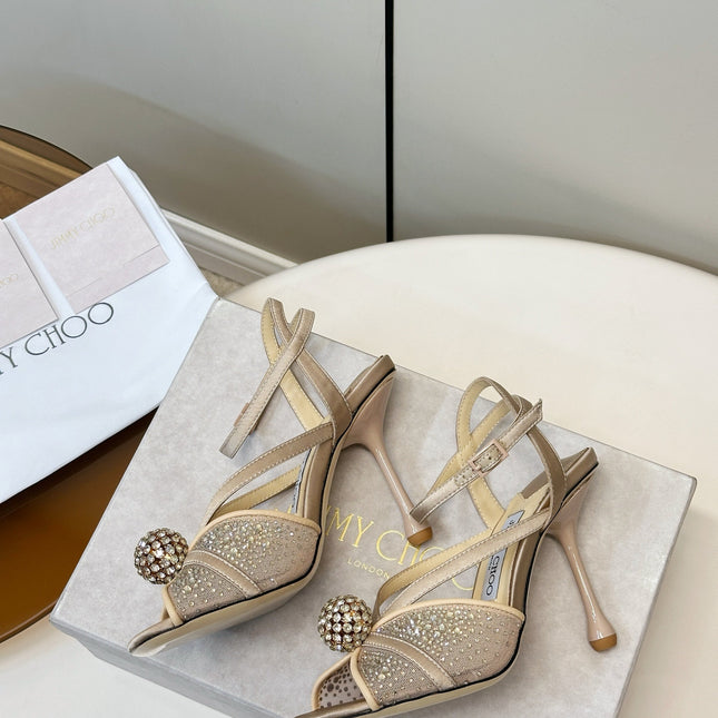 JIMMY CHOO 26S HEELED SANDALS 100 MM IN BEIGE CRYSTAL EMBELLISHMENT