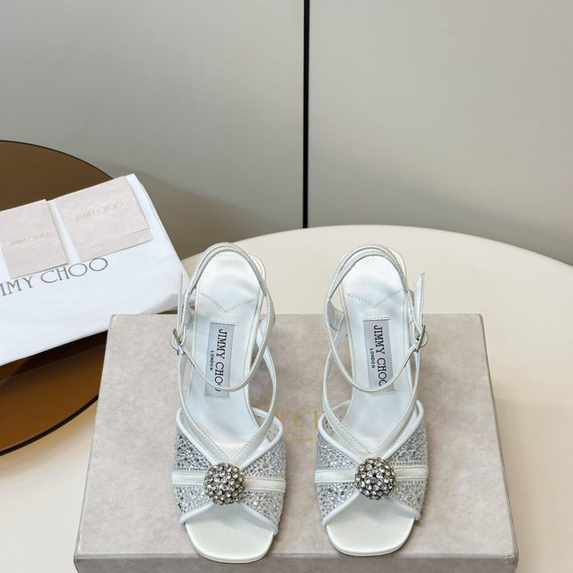 JIMMY CHOO 26S HEELED SANDALS 100 MM IN WHITE CRYSTAL EMBELLISHMENT