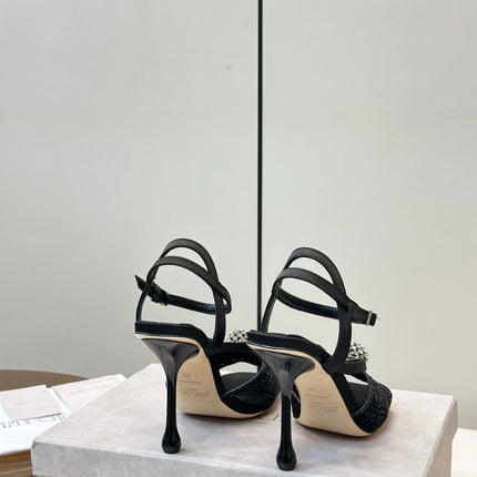 JIMMY CHOO 26S HEELED SANDALS 100 MM IN BLACK CRYSTAL EMBELLISHMENT