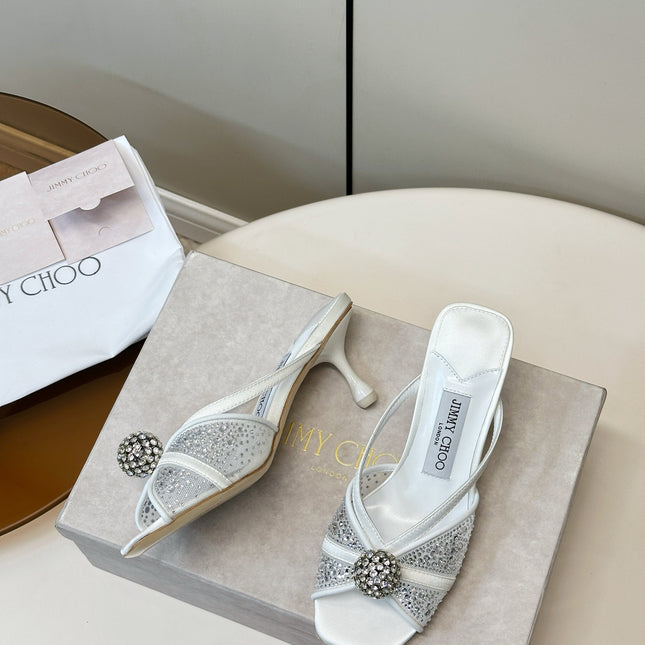 JIMMY CHOO 26S SACORA MULE 80 MM IN WHITE CRYSTAL EMBELLISHMENT