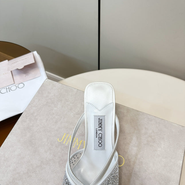 JIMMY CHOO 26S SACORA MULE 80 MM IN WHITE CRYSTAL EMBELLISHMENT