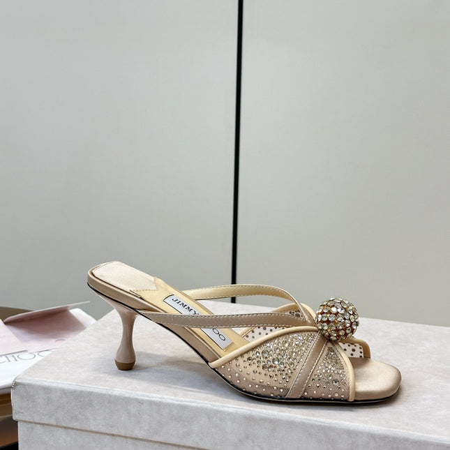 JIMMY CHOO 26S SACORA MULE 80 MM IN BEIGE CRYSTAL EMBELLISHMENT
