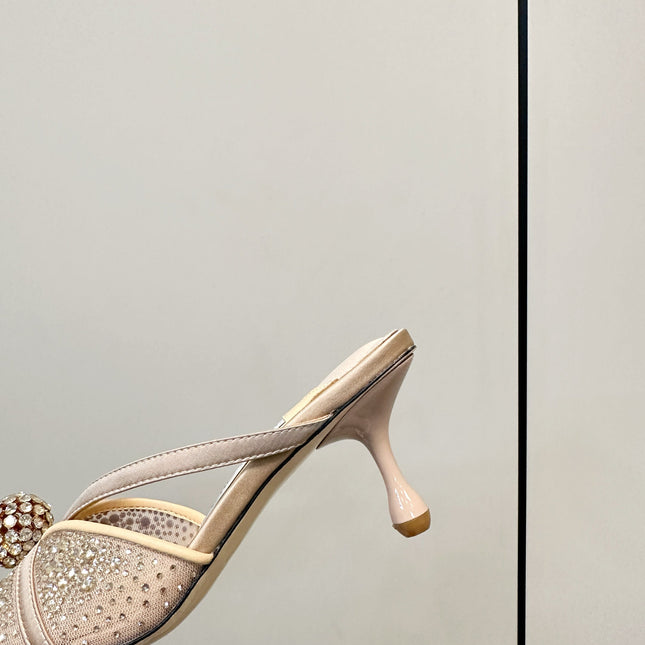 JIMMY CHOO 26S SACORA MULE 80 MM IN BEIGE CRYSTAL EMBELLISHMENT