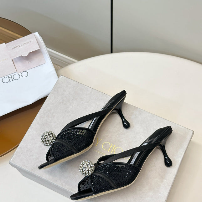 JIMMY CHOO 26S SACORA MULE 80 MM IN BLACK CRYSTAL EMBELLISHMENT