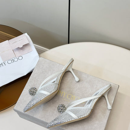 JIMMY CHOO 26S HEELED MULES 80 MM IN WHITE CRYSTAL EMBELLISHMENT