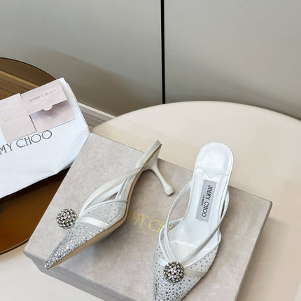 JIMMY CHOO 26S HEELED MULES 80 MM IN WHITE CRYSTAL EMBELLISHMENT