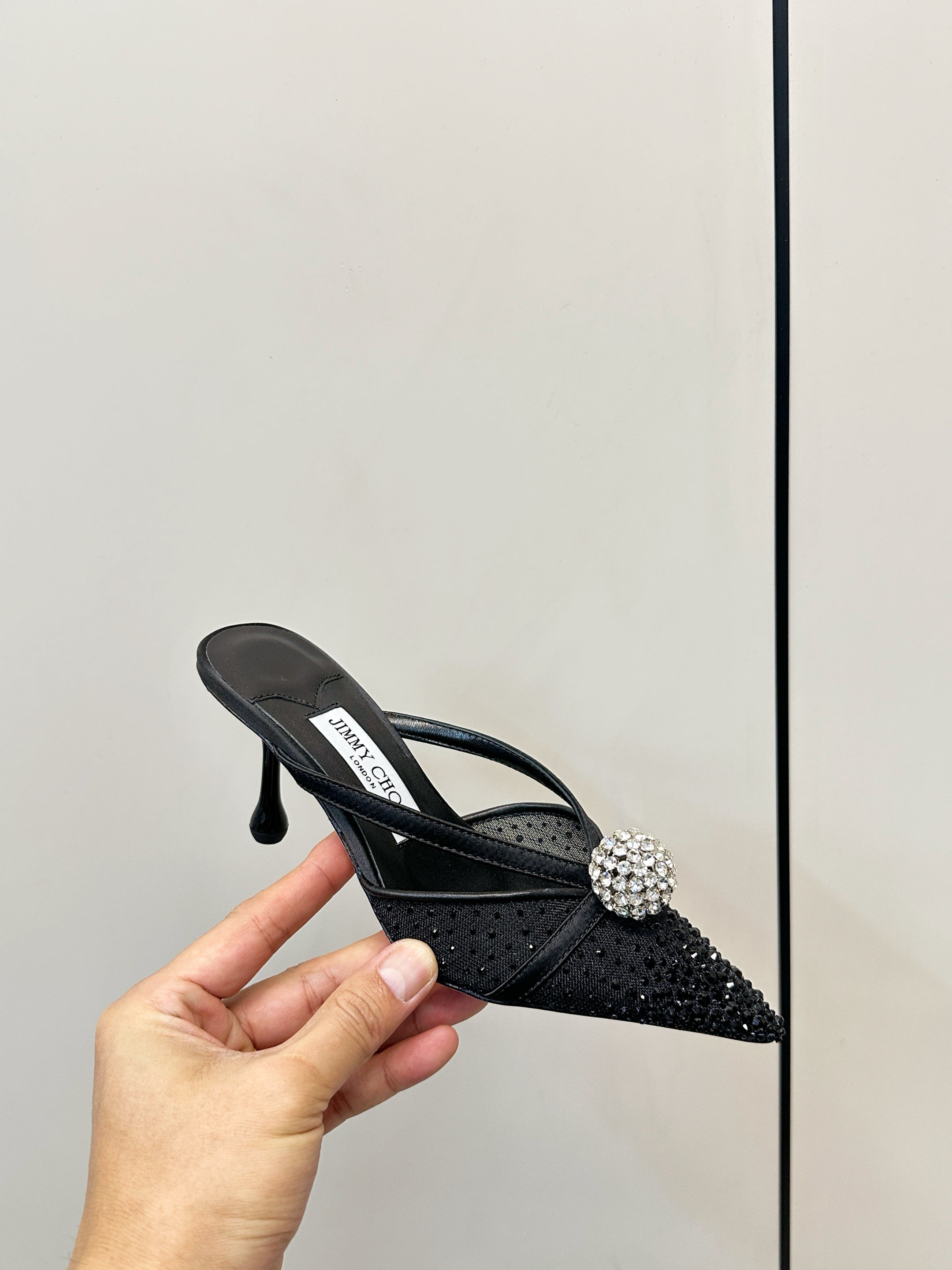 JIMMY CHOO 26S HEELED MULES 80 MM IN BLACK CRYSTAL EMBELLISHMENT