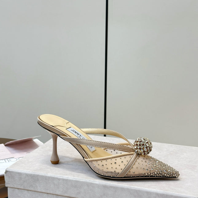JIMMY CHOO 26S HEELED MULES 80 MM IN BEIGE CRYSTAL EMBELLISHMENT