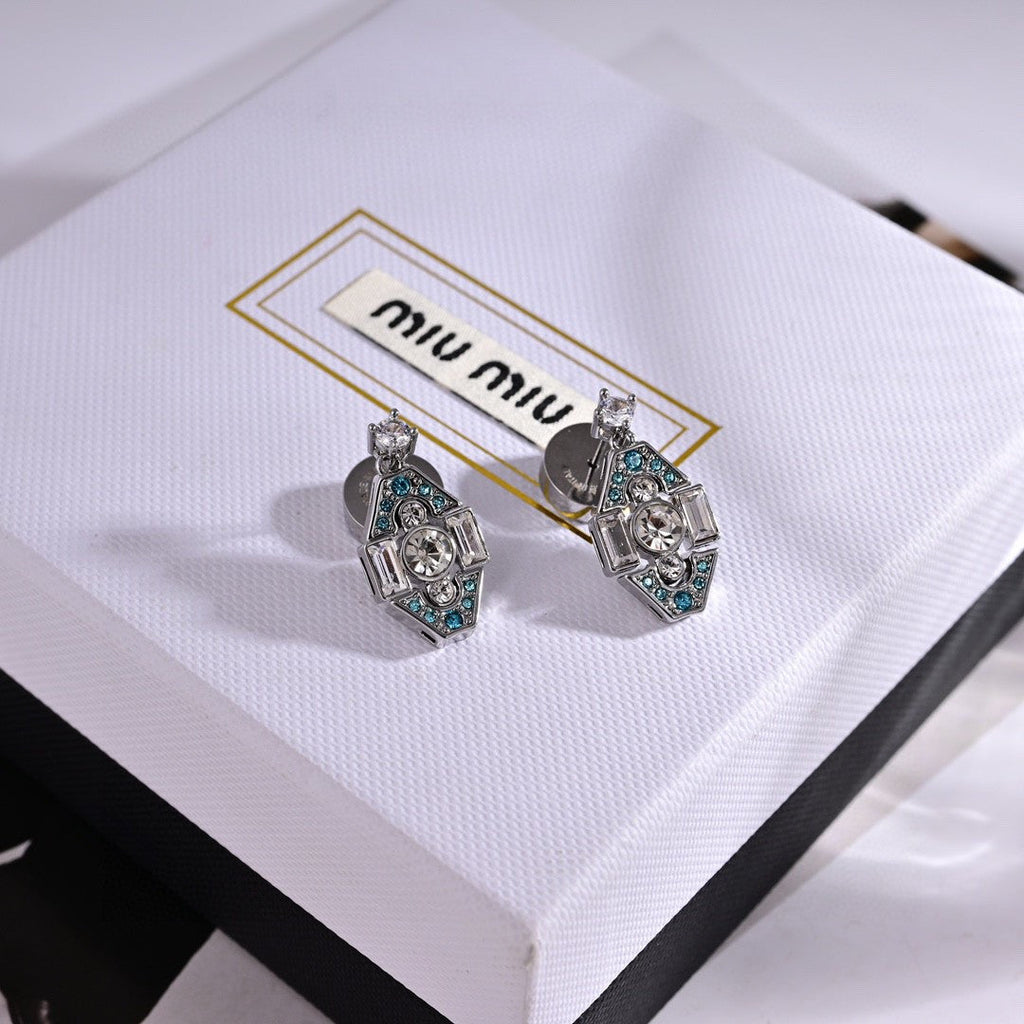 MIUMIU 26S GEOMETRIC CRYSTAL EMBELLISHED DROP EARRINGS IN SILVER TONE METAL 619178