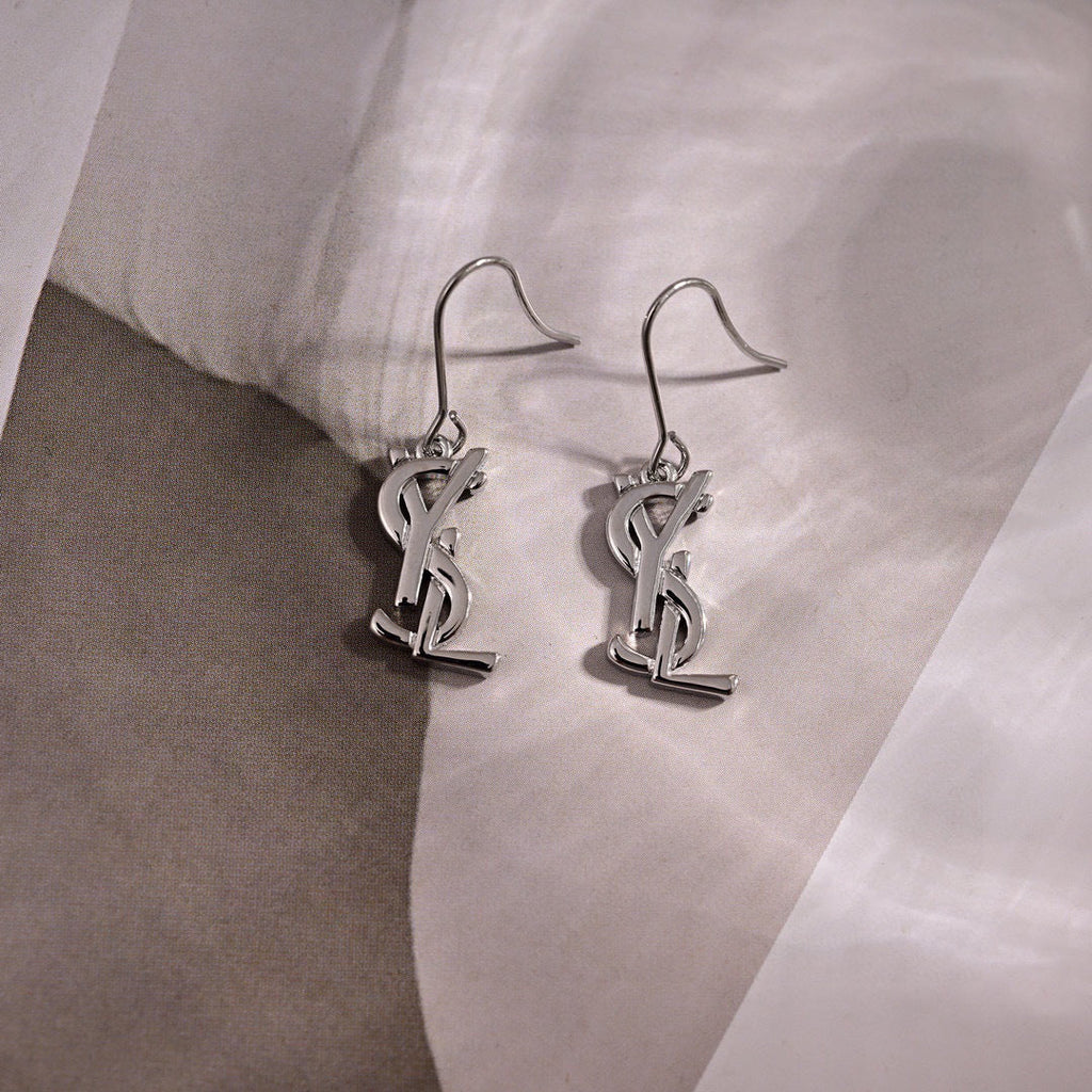 YSL 26S LOGO DROP HOOK EARRINGS IN SILVER TONE METAL 621527