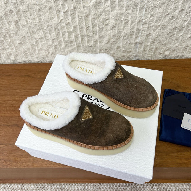 PRADA 25S PLATFORM FUR-LINED MULES IN EARTH BROWN SUEDE