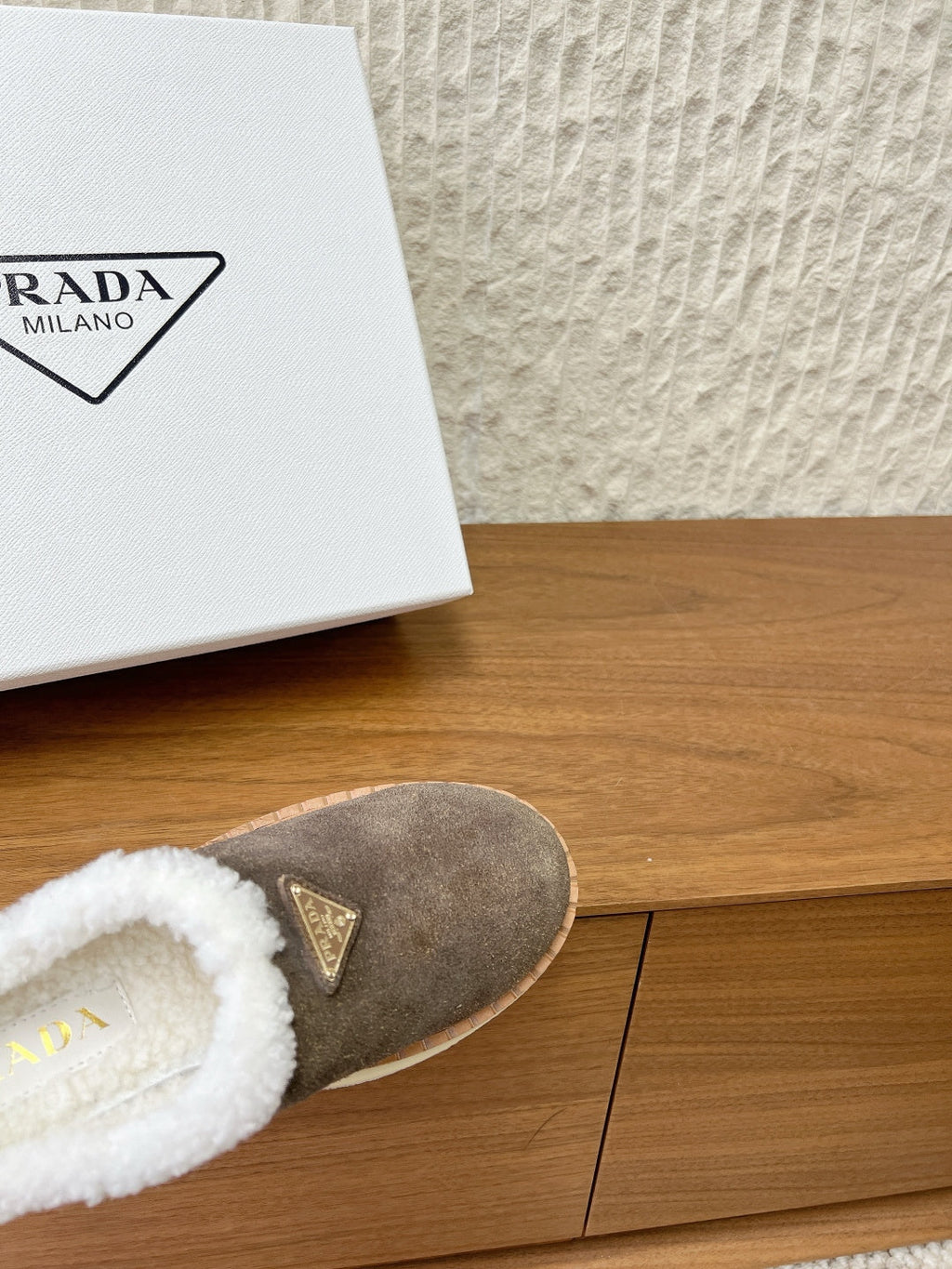 PRADA 25S PLATFORM FUR-LINED MULES IN EARTH BROWN SUEDE