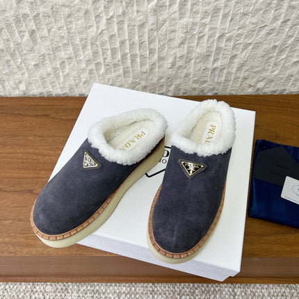 PRADA 25S PLATFORM FUR-LINED MULES IN DARK GREY SUEDE